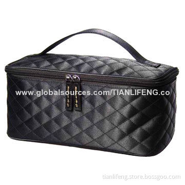 Black Satin Quilted Fabric Cosmetic Bag